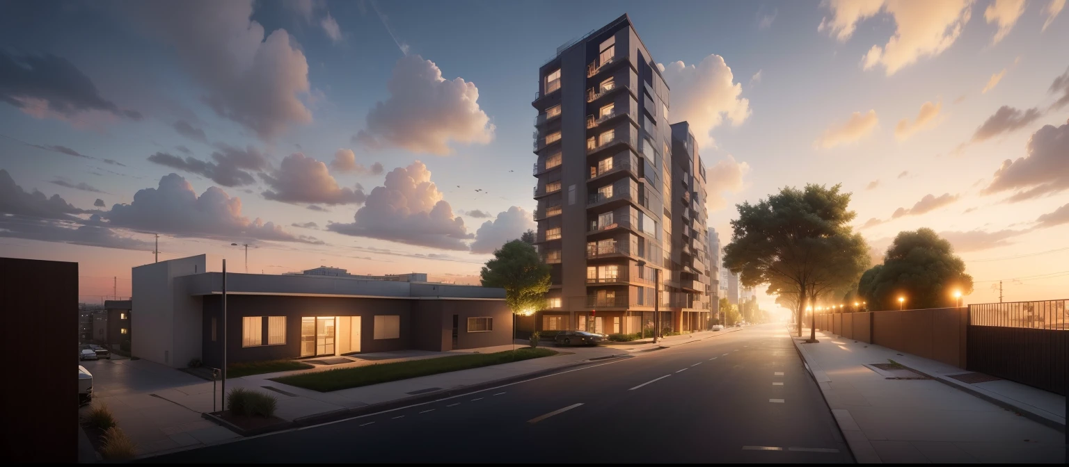 Imagine a scene at dusk, where the soft light of the setting sun paints the sky with shades of orange and pink. In the foreground, you stand at ground level, looking up at a residential building. The facade of the building is predominantly white, exuding a sense of cleanliness and modernity. Subtle gray details accentuate the windows and balconies, creating a harmonious and elegant contrast. The windows reflect the last rays of the sun, shimmering with a golden light that begins to fade. Surrounding the building, well-maintained vegetation, with green shrubs and trees casting long, soft shadows, adds a touch of nature to the urban landscape. Small lights start to turn on around, suggesting the onset of the evening. The atmosphere is tranquil, with a gentle rustling of leaves in the wind and the occasional distant sound of birds returning to their nests. This is the scene you see, a moment of transition between day and night, captured in a realistic and serene view.