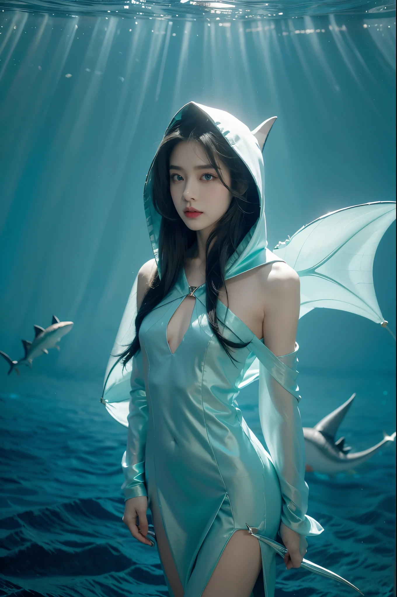 (((best quality))),(((ultra detailed))),(((masterpiece))),illustration,(1 beautiful girl,shark girl,solo),((slim,thin,small breasts,flat chest)),aquarium,summer night,(sleek shark-hooded dress:1.3),shimmering hues,enchanting aura,(shoulder length straight bob hair:1.2),ocean-blue locks,shiny seaweed,porcelain skin,neon lights,emerald eyes,sharp gaze,delicate shark fin,translucent membrane,dancing fish,vibrant colors,undulating water,salty scent,distant waves,coral reef,gentle shadows,serene ambiance,electric atmosphere,Alezandra,oceanic magic,allure,enchantment,vision,extraordinary presence