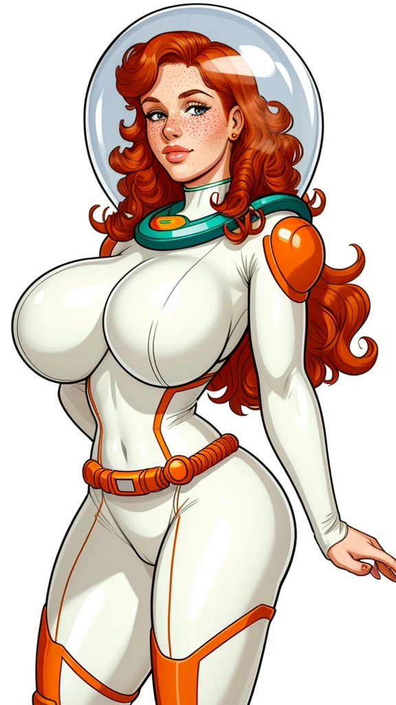 pretty woman, curly ginger hair, freckles, large breasts, rubenesque, thigh high skintight space suit. bubble helmet, white background, blank background, Retrofuturism, pinup