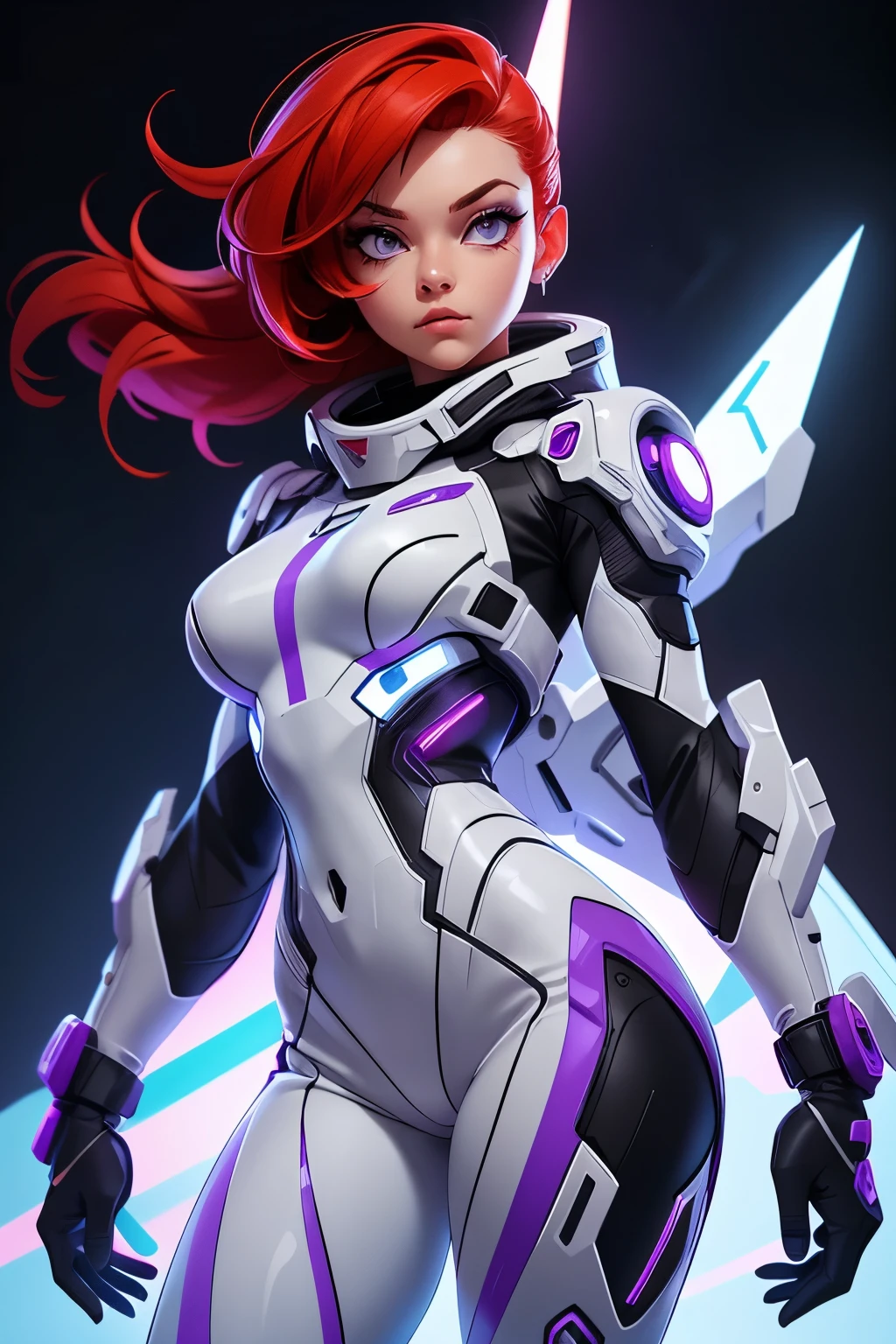 white background, a female in a sci-fi jumpsuit with led lights making shapes, she has short light red hair, purple eyes, silver clothing.