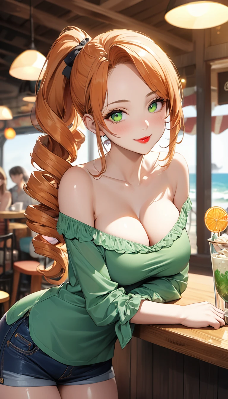 (Highest quality,4K,8K,High resolution,masterpiece:1.2),Super detailed,A 32-year-old woman、(((mature female))), (((milf))), (((tareme))), Best Bust、large breasts, Beautiful Eyes、orange hair、moss green eyes、Red lips, ((pony tail)), (drill hair), ((forehead)), cowboy shot, Look at the photographer、 Very cute face, Glossy Lips, Double eyelids on both eyes,Natural smile、 Natural Makeup, Long eyelashes, Shiny and smooth hair、Center image, Perfect limbs, Perfect Anatomy、off-shoulder-tops, short pants、In a seaside café、Shallow depth of field