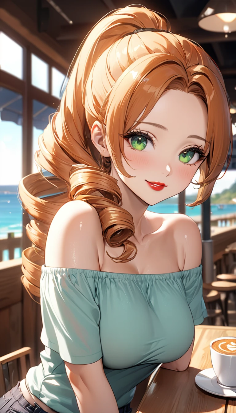 (Highest quality,4K,8K,High resolution,masterpiece:1.2),Super detailed,A 32-year-old woman、(((mature female))), (((milf))), (((tareme))), Best Bust、large breasts, Beautiful Eyes、orange hair、moss green eyes、Red lips, ((pony tail)), (drill hair), ((forehead)), cowboy shot, Look at the photographer､ Very cute face, Glossy Lips, Double eyelids on both eyes,Natural smile、 Natural Makeup, Long eyelashes, Shiny and smooth hair､Center image, Perfect limbs, Perfect Anatomy、off-shoulder-tops, short pants、In a seaside café、Shallow depth of field