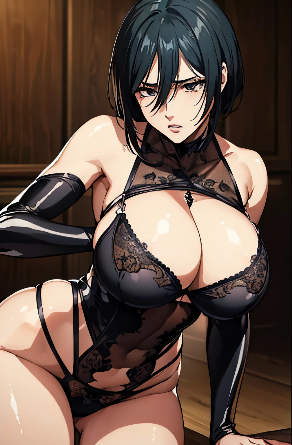 Best Quality,8k,high resolution,Masterpiece:1.2), (ultra detailed), (NSFW is not safe for artwork), (Mikasa Ackerman) (Configuration of Shineki no Kyojin season 4), (pose sexual), (realist,photorealist,fotorrealista:1.37), (High Definition,High Definition), (portrait), (vivid colors), (largo legs), (Hermosos detailed eyes), (black eyes profundos degradados), (beautiful detailed lips), (extremely detailed eyes and face), bright Eyes, black eyes, (Hair, short,), Dynamic angle and posture., soaked in sweat, perspiration, undressing (largo eyelashes), (cabello short between eyes color negro), (tattoo on left shoulder)(sharp seal us), (Physically based representation), (big breasts) (legs open), (intense), (expression of intense desire), (motion blur), (elegant), (slim figure), (anime inspired), (bright lights), (sexual), (contrasting colors), (mysterioa nosotros atmosphere), (action packed scene), (Unique style), (amazing), (elegant), (evocative), (expressive), (Intriguing atmosphere), (giant breasts:1.2) ((Best Quality)),((Very detailed)),Masterpiece,absurdities,detailed face,beautiful face,(detailed eyes, deep eyes),(1 girl),((dynamic pose)), erotic lingerie