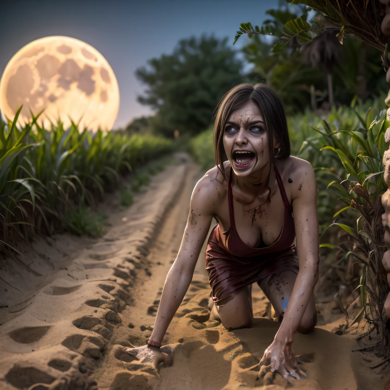 zombie coming out of the earth, she is crawling on the ground, she is covered in mud, she is in a cornfield, she is dressed to get married, it is night and the moon is shining