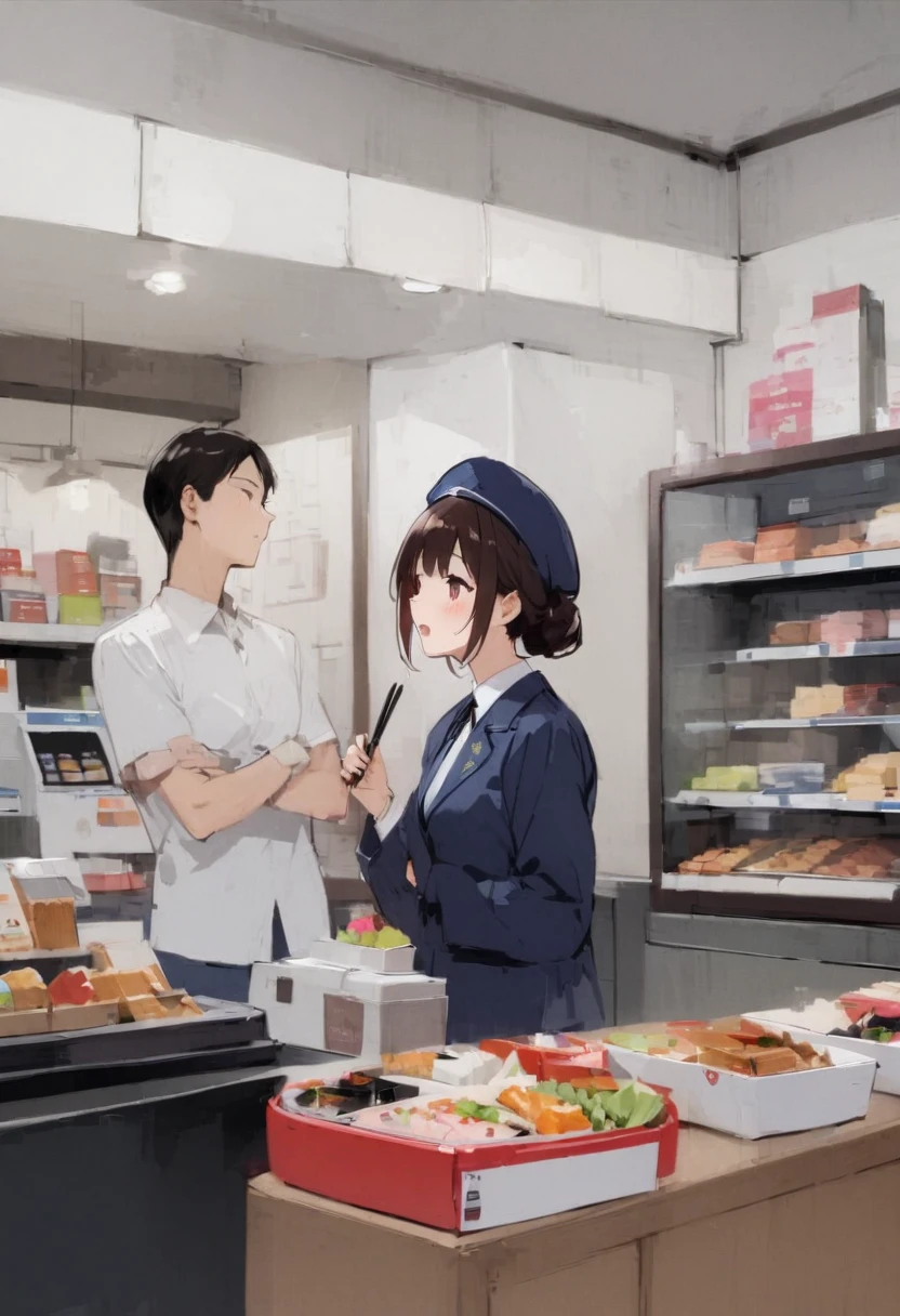Convenience store part-time job、girl、I'm doing my best、night shift、high school student、fatigue、Stupid guests、Looks busy、convenience store、uniform、cash register、There are many customers、hat、Bento、Inside the store、Byte in Byte