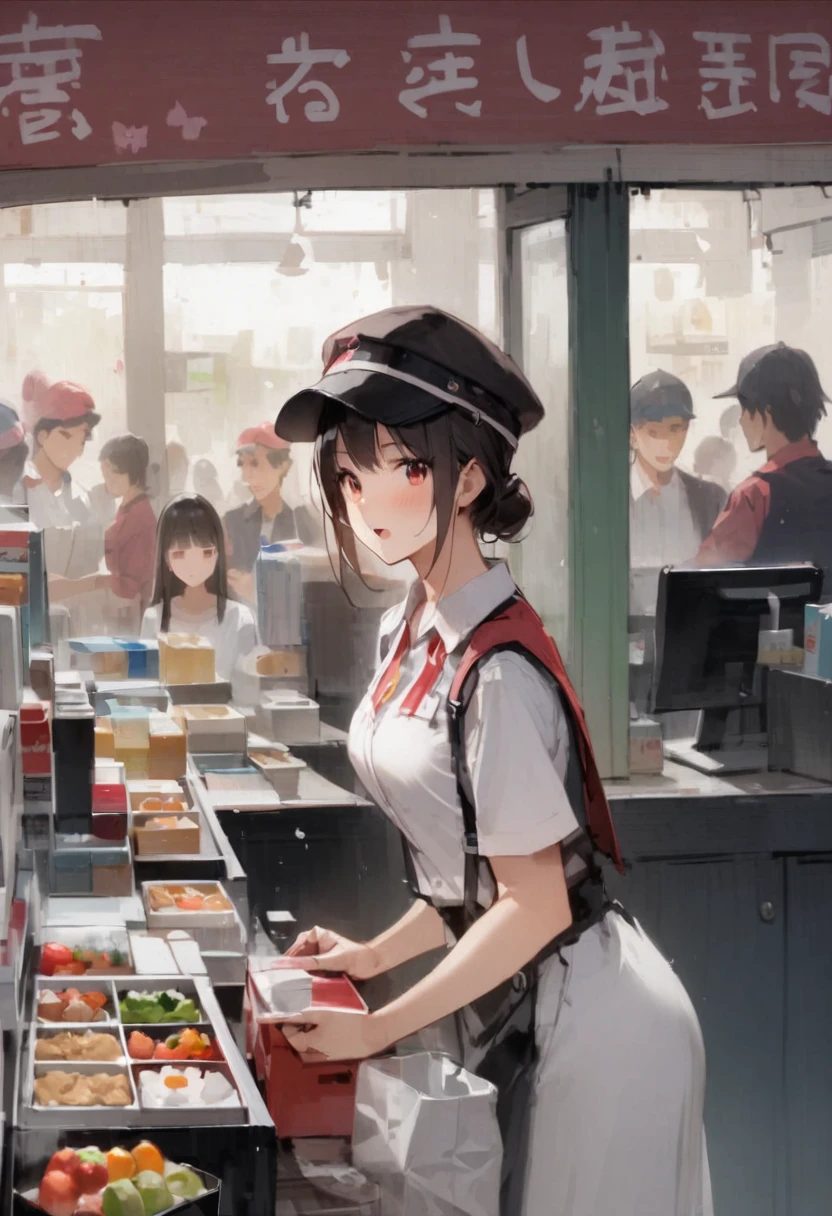 Convenience store part-time job、girl、I'm doing my best、night shift、high school student、fatigue、Stupid guests、Looks busy、convenience store、uniform、cash register、There are many customers、hat、Bento、Inside the store、Byte in Byte