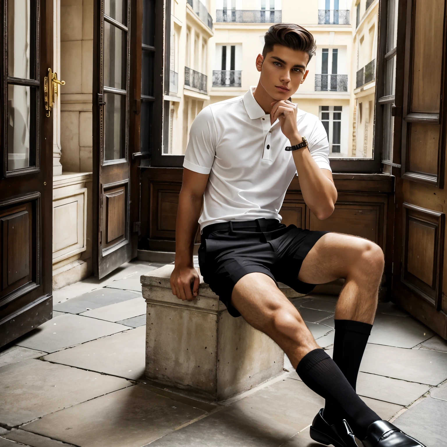 full view full body, white young male model slightly tanned, with dark brown undercut haircut, wearing black fashion large shorts, long white thin dapper socks, black preppy penny-loafers, black polo-shirt, big golden rings, sitting front window in an old parisian building, we can see a old parisian courtyard behind