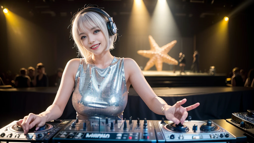 (ultra - detailed, 16K resolution, Cinema lenses, rendering by octane), (high resolution:1.18), intricate detail, (masterpiece:1.1), (highest quality:1.1), (1girl, portrait, white hair, blue eyes, short hair, detailed eyes),Wearing silver DJ headphones, Shiny silver sequined T-shirt, (on the beach:1.5), (Iconic hip-hop pop costumes:1.3), Smile while DJ on stage, ((A stylish DJ stage on a hill overlooking the coast)), full body shot, Photorealistic photography by Sunshine, (cute round face:1.3), perfect fingers, five fingers, beautiful hands, perfect hands. master peace, cute smile.