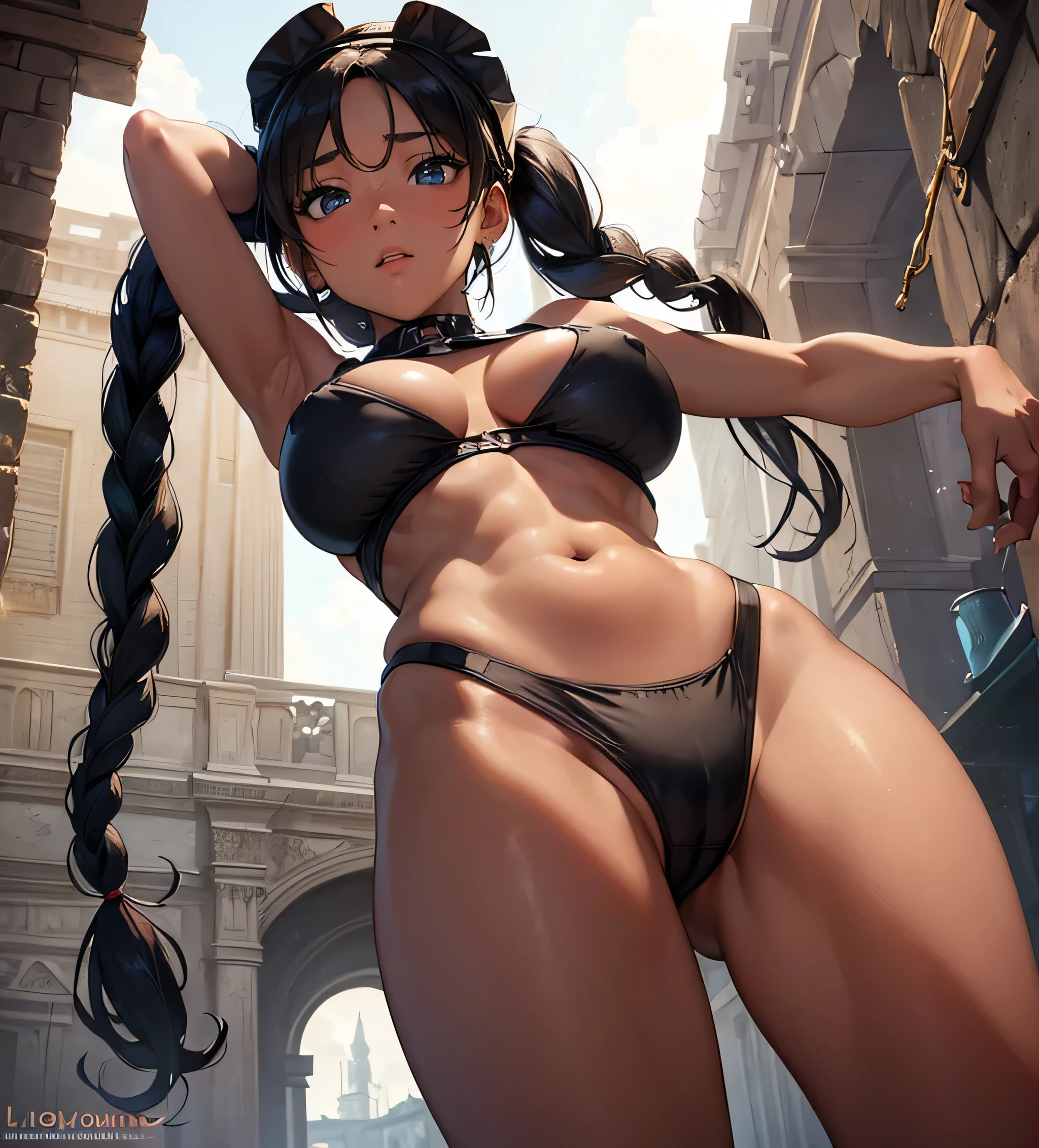 (masterpiece, best quality:1.3), (from below:1.3), perfect face, expressive eyes, 1girl, looking at viewer, 19 years old, (slim body, large breast) triple D cup breasts, bubbly ass, round buttocks,beautiful face,sol,, dark skin, black hair, braid pigtails, X shaped pasties