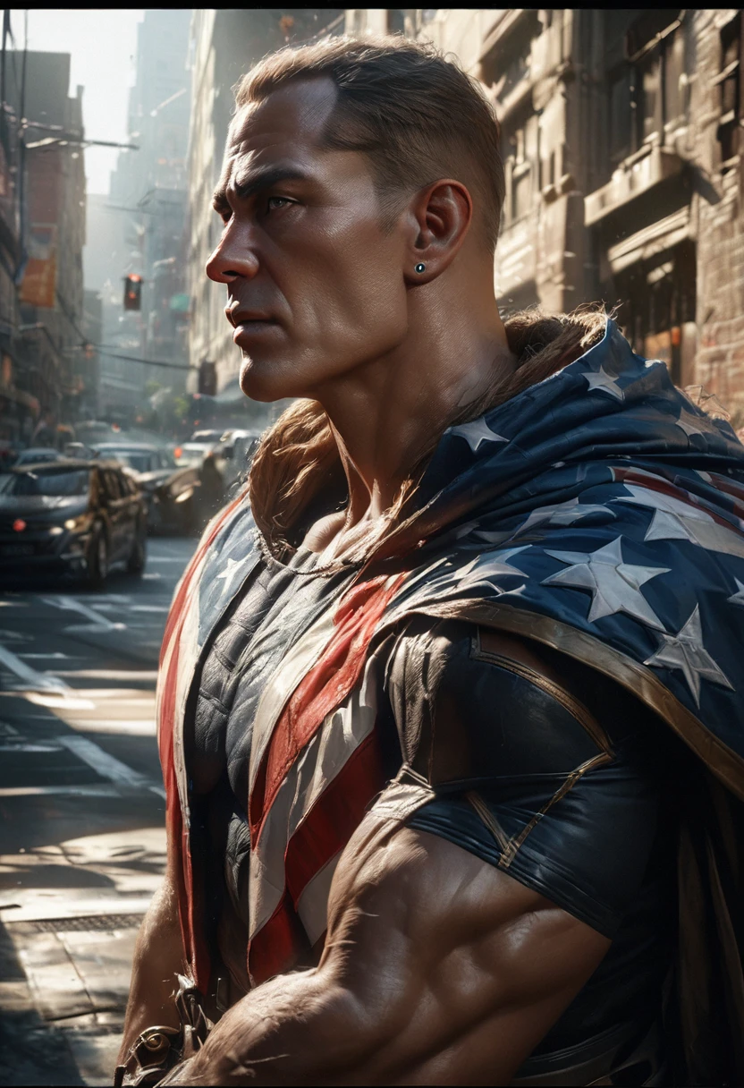 A muscular male superhero in a patriotic costume, strong jawline, piercing blue eyes, bold and heroic expression, dramatic lighting, cinematic composition, detailed fabric textures, gritty urban cityscape background, (best quality,4k,8k,highres,masterpiece:1.2),ultra-detailed,(realistic,photorealistic,photo-realistic:1.37),cinematic lighting,dramatic shadows,vibrant colors,heroic pose