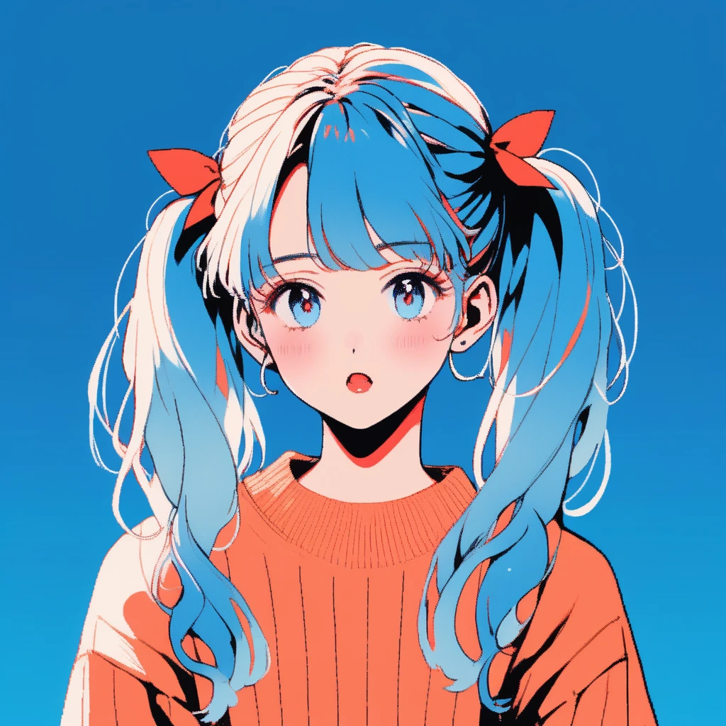Illustration Style, anime , Realistic ,sketch , 1 Girl, ,lip, sweater,order, Blue gradient background, Neon Hair,Twin tails,Textured Crops, Canadian, (masterpiece,Highest quality)