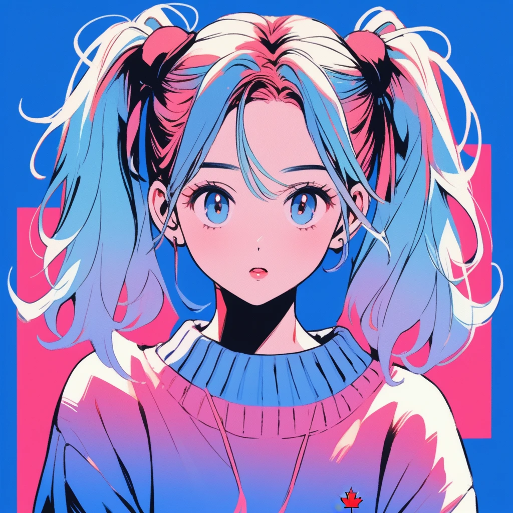 Illustration Style, anime , Realistic ,sketch , 1 Girl, ,lip, sweater,order, Blue gradient background, Neon Hair,Twin tails,Textured Crops, Canadian, (masterpiece,Highest quality)
