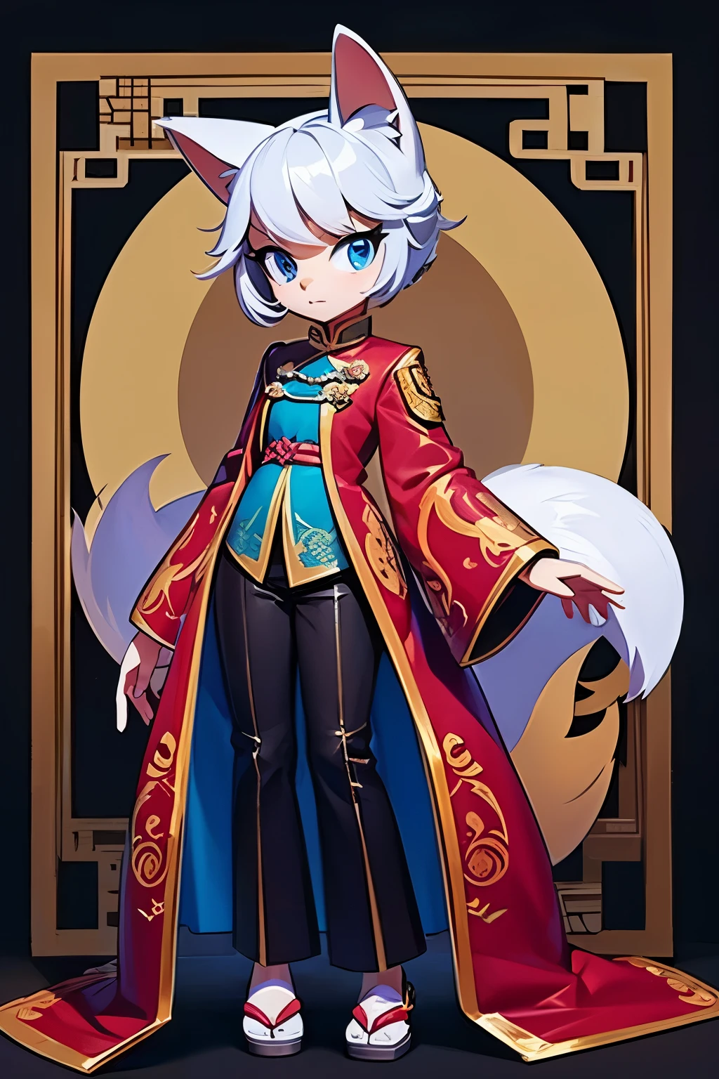 A full shot of a female character, a fox, OC, ((OC)), (Chinese coat clothing ((long coat)) wide sleeves)