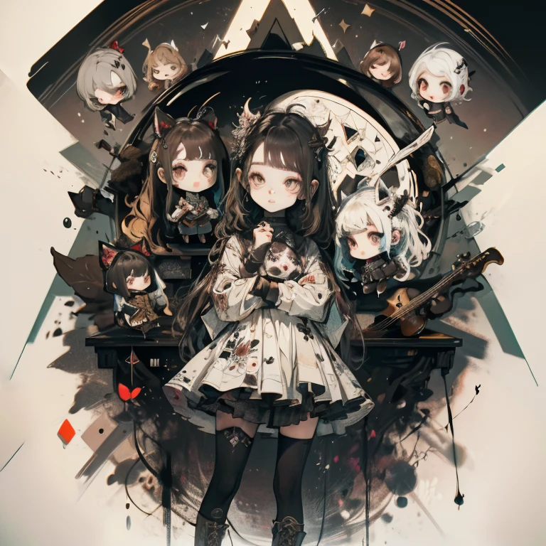 a child character with long brown hair and bangs, golden eyes and wearing a child's dress and brown boots, different angles, in the style of Miraculous Ladybug, character sheet, white background --ar 4:2, character poses，​masterpiece、top-quality、ultra-detailliert、(Chibi Chara　musicians:1.2)、(Artist Photography Flavor Images:1.2)、band vocals、