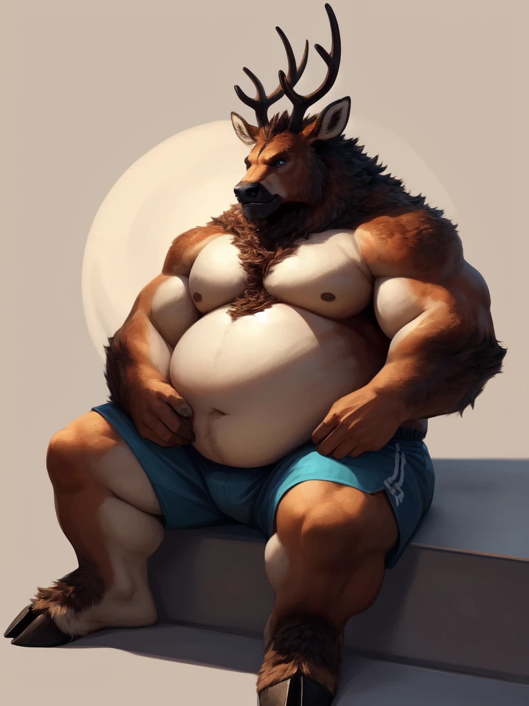 lucusold, lanxus, a man with a huge belly, furry deer, fat ripped:1.2, chubby, more chubby, sitting , thicc, lowres, giant and fat, danbooru and artstation, heavy detailed, insanely inflated hips, topless, shorts, proportionally arms, fluffy chest, commission for high res, detailed but rough, semirealistic:1.3, caffe