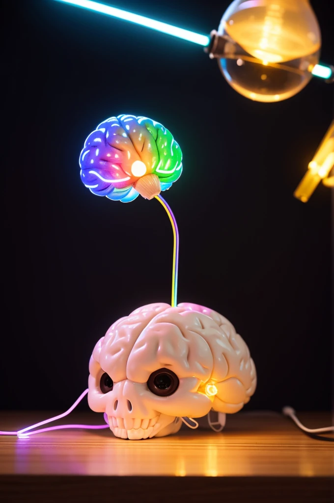 create the image of a brain with colored lights and a graduation straw next to it on a table.