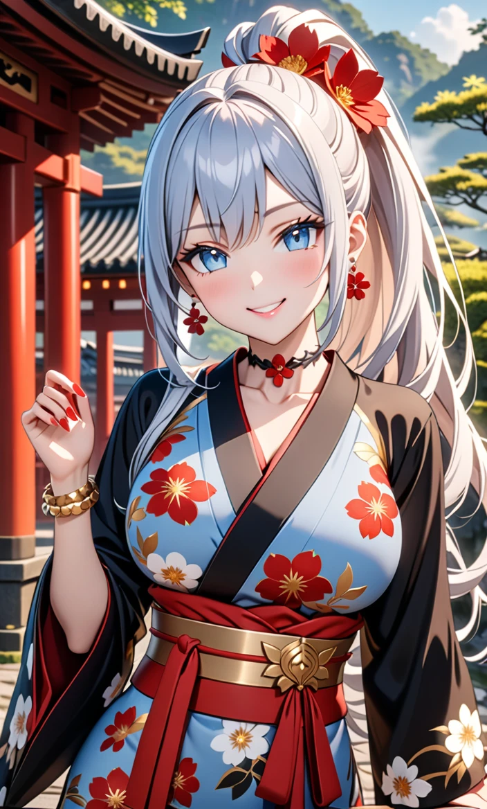 ultra-detailed, ((one girl)), hyper detailed, absurdres, 8K,Cute face, (Laugh shyly), ((teasing smile:1.8)), ((Wink:1.8)), (Laugh with your mouth wide open:1.3),(Tilt your head:1.3), (Doing sexy poses:1.3), View your viewers, ((Bright red cheeks:1.6)),Glossy Red Lips, ((Big Breasts:1.5)) (valley), night, Shrines in the countryside, (Brighten your face), ((Anime style background)),masterpiece, Highest quality, so beautiful,Latest, Complex details, (Pink long nails), (nail art), (ring),(bracelet), (Floral Choker),AI-generated, Complex,High resolution, Highest quality, super high quality,3D Images、3D Images,One person,Long white hair,(High Ponytail), Anime woman posing for a photo, ((Fine grain, pale blue eyes, glowing eyes:1.4)), (Squint your eyes:1.1),a hyperRealistic , hyperRealistic , Realistic,Anime woman with long white hair, Smooth anime CG art, With gold embroidery、A girl in a gorgeous kimono, ((Black long sleeve kimono:1.5)),(Red large floral pattern) ,Long flower hair ornament,Floral Earrings,Mature Body,tall,Abdominal muscles,Narrow waist,((arched back:1.9)),(front view),