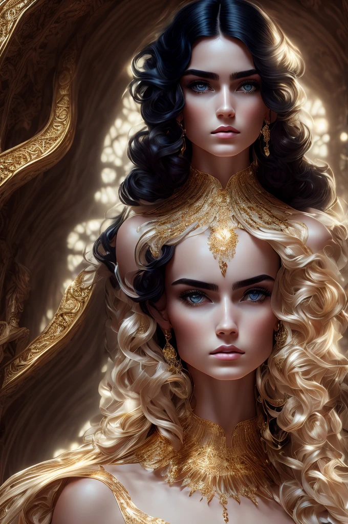 25 year old woman in front of a magnificent ortal, perfect face, black hair, piercing look, thoughtful 2,1, white ivory columns with gold, forst, nature