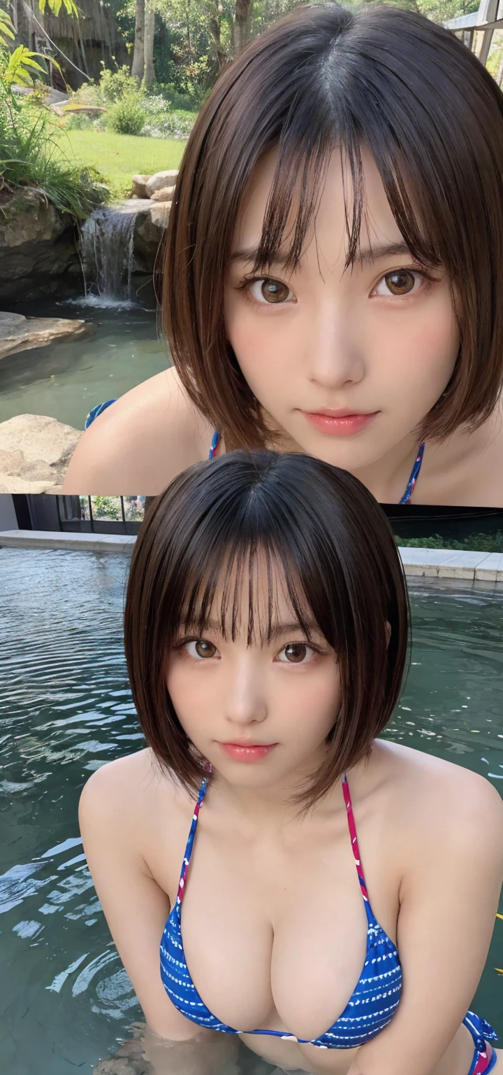One Girl, (Beautiful girl, Delicate girl:1.3), (:1.3),
break,  (Bikini with pattern:1.2),
break, (Small waterfall　background:1.2),
break, Very beautiful eyes, (Symmetrical eyes:1.3),
break, (Big Breasts:1.1), Brown eyes, Parted bangs, Brown bob cut hair, Round face, cute,
break, (Eye and facial details:1.0),
break, (masterpiece, Highest quality, Super detailed, Detailed face, 8K)
