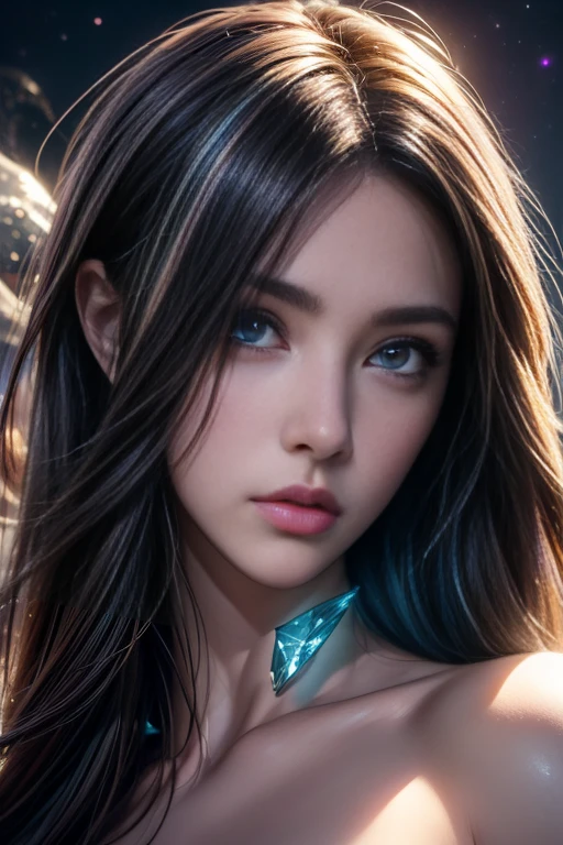 masterpiece, Awesome girl, pretty girl, bust, High Detail Eyes, Perfect Eyes, Portraiture, A face with attention to detail, Same eyes, Glare, Rainbow colors, Global Illumination, Soft Light, Dream Light, Digital Painting, 8K Close-up, Fantasy, Night Sky, performer, nebula, White Crystal, moonlight, Tranquility, summer, (8K:1.1)