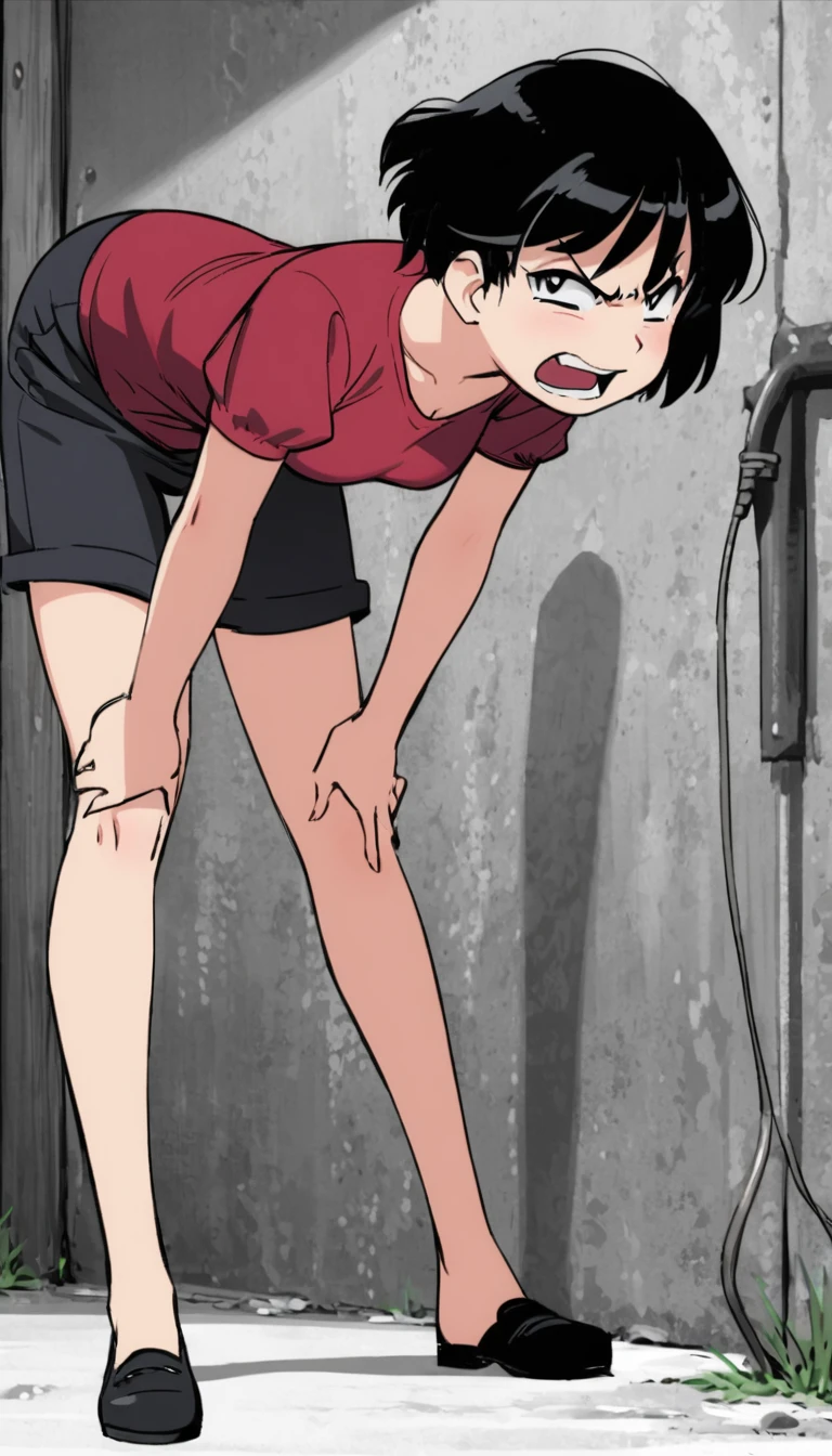 Woman with short hair leaning forward with angry face with full body view