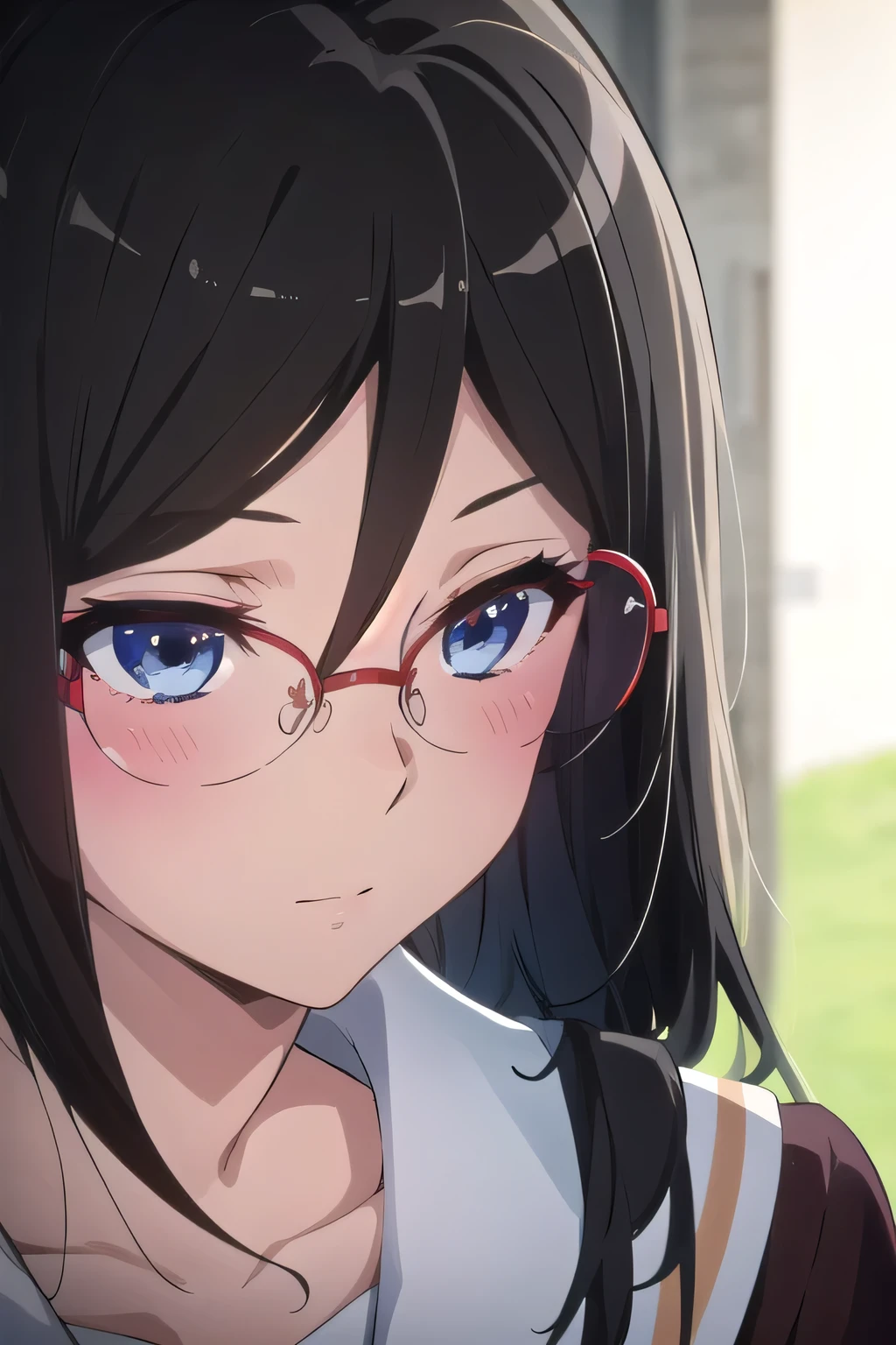 คุณภาพดีatสุด, Masterpiece, high res, alone, {Thanaka_Asuka_euphonium sound:1.15} (park:1.13), , black_hair, long_hair, glasses, light blue_eyes, Blush, red frame_glasses, Seraph, beyond the edge_glasses, semi borderless_glasses, hair_between_eyes, 1 girl, (School uniform_brown:1.2), look_at_viewer, Move along._ในpark, 