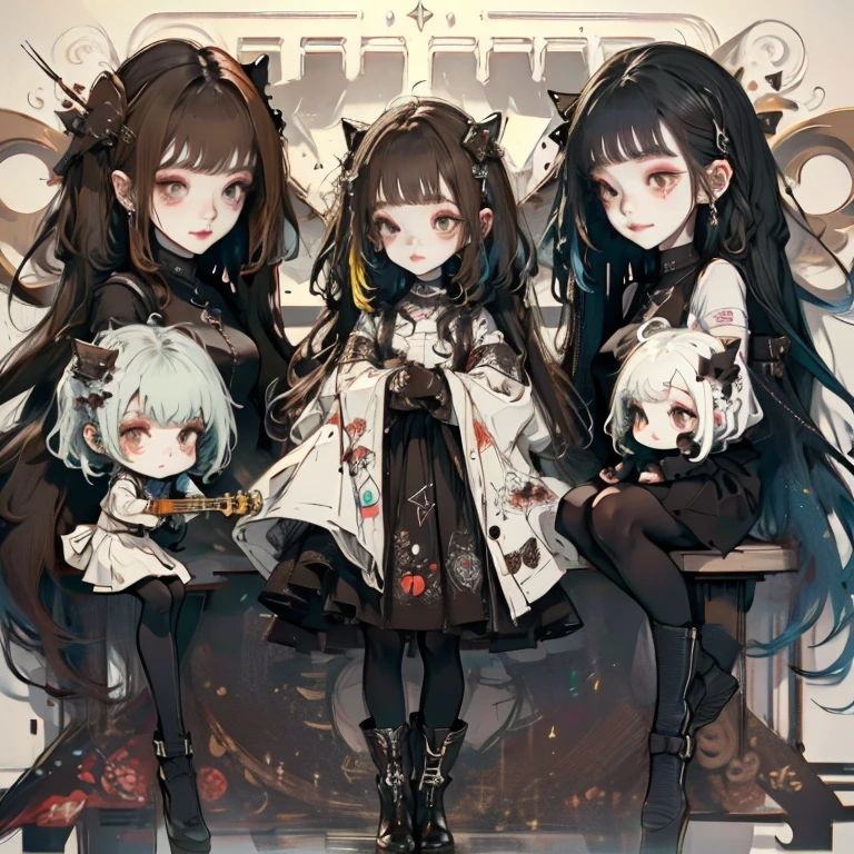a child character with long brown hair and bangs, golden eyes and wearing a child's dress and brown boots, different angles, in the style of Miraculous Ladybug, character sheet, white background --ar 4:2, character poses,masterpiece、top-quality、ultra-detailliert、(Chibi Chara musicians:1.2)、(Artist Photography Flavor Images:1.2)、band vocals、
