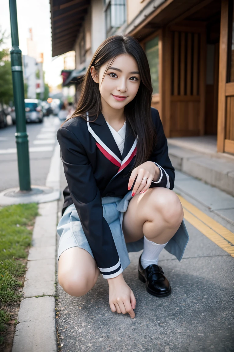 8K, Highest Quality: 1.4, High Resolution: 1.5, (Photorealistic: 1.4), Masterpiece: 1.2, (Highest Quality: 1.4), Raw Photo, A Japanese woman in a sailor uniform squats on the sidewalk, spreads her legs, and lifts her skirt with both hands to show her panties, 18 years old, Stock Photo, Japanese uniform, Beautiful and attractive anime , Japanese uniform, Beautiful school girl, (shy smile), Smooth skin,