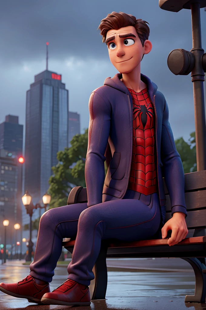 A man sitting on the park bench in a spiderman outfit in rainy weather
