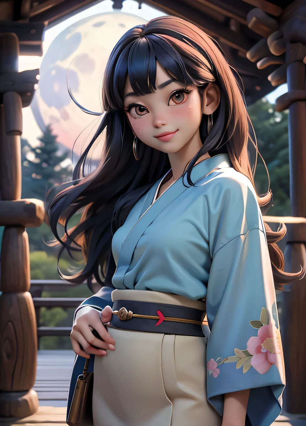 (masterpiece, highest quality, highest quality, Official Art, beautifully、aesthetic:1.2),Cowboy Shot、 (1 Japanese kimono girl)、Large light brown eyes、Beautiful belly、smile、(Long blue hair with bangs)、Old shrine garden、pine tree、moonlight、Very detailed,、Perfect lighting、Sharp focus、High resolution、High resolution、High color rendering、High resolution、Super realistic、