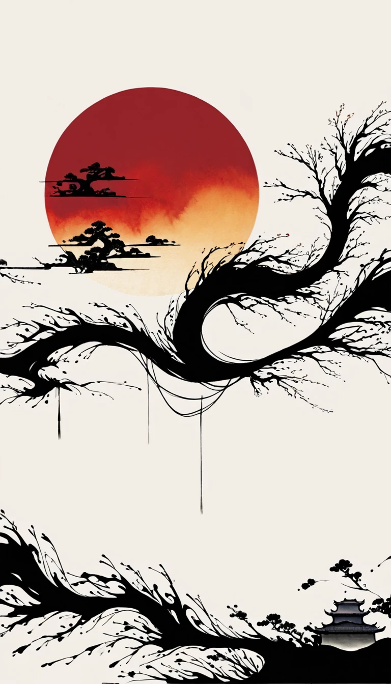 中国Ink Painting, Gray and White, Minimum, Wire, White background,Great Wall, Minimalism, Wire性风格, Huge negative space, Ink Painting, Abstract,Blood-stained sunset