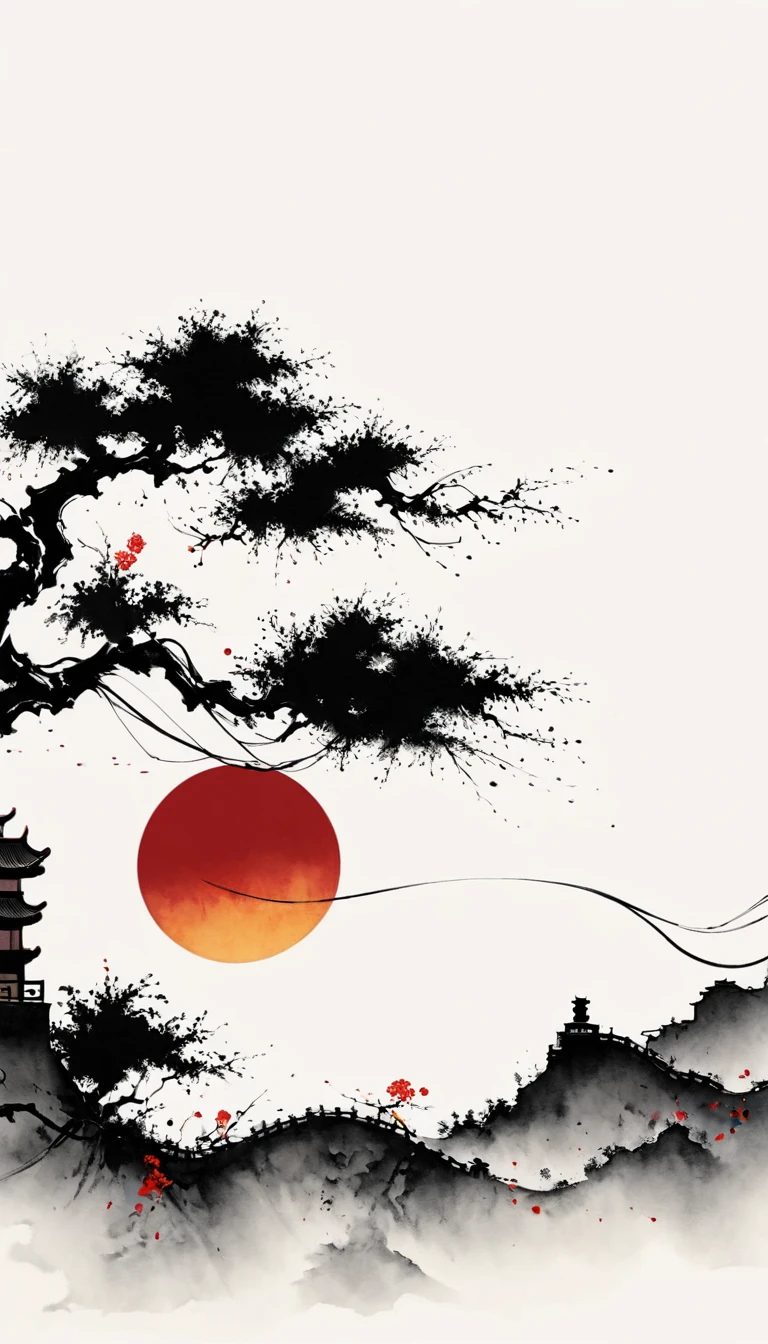 中国Ink Painting, Gray and White, Minimum, Wire, White background,Great Wall, Minimalism, Wire性风格, Huge negative space, Ink Painting, Abstract，Blood-stained sunset