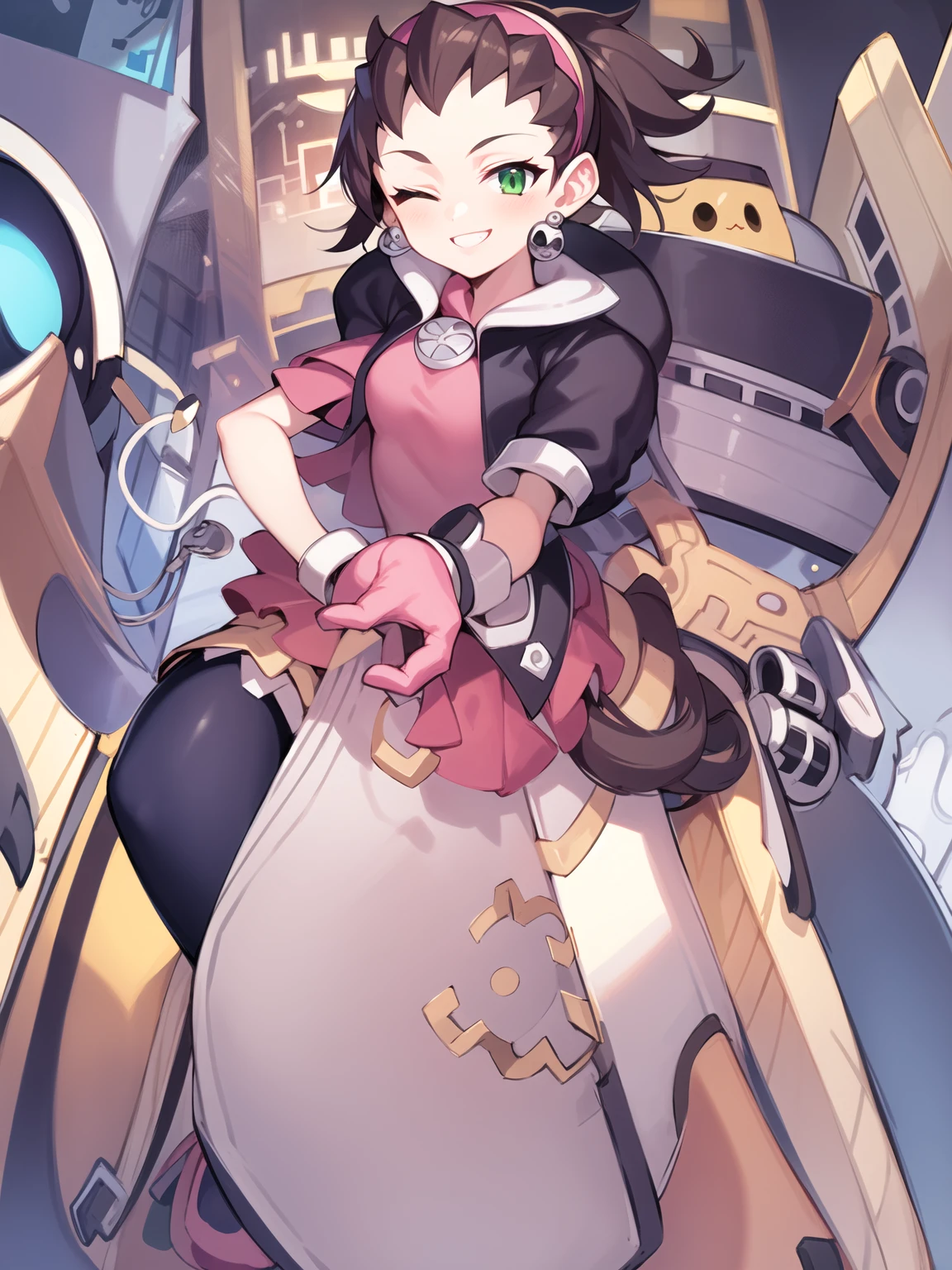 tron_bonne_megamanl, 1girl, solo, green eyes, brown hair, gloves, earrings, hairband, jewelry, cropped jacket, pantyhose, pink gloves, hair pulled back, one eye closed, smile, 2d, masterpiece, best quality, anime, high quality, 