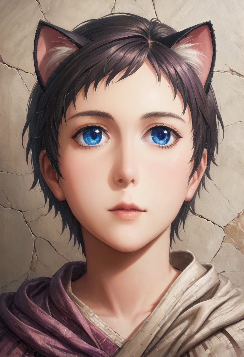 detailed illustration, dynamic angle, ultra-detailed, illustration, clean line art, shading, anime, detailed eyes, detailed face, beautiful face, dramatic lighting, detailed illustration, dynamic angle, ultra-detailed, illustration, masterpiece, masterwork, beautiful, blue eyes, whole body shot

Neko, cat boy, dressed in purple silk robes, gold leaf inlay mosaic, Byzantine mosaic