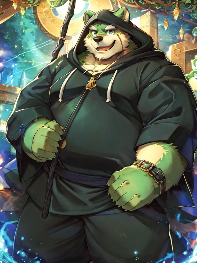 anthro, kemono, male, solo, ((round face, very plump face, thick beard)), (((dark beard))), ((endomorph body type, old-aged)), ((green bear, bear) fluffy fur, fluffy), (at old ruin, dungeons), bokeh, (high quality, highres, masterpiece), (dynamic lighting, vivid color), (generous smile), (face focus), front view (close up), cartoon, (((green bear))), (((green fur))), green hair, beard, white eyebrows, bald, detailed red eyes, tall, black metal staff, (black t-shirt inside), (((white robe coat with hood))), by zixiong, by takemoto arashi, by zixiong, (by null-ghost:0.8), (by t.y.stars:0.4), 