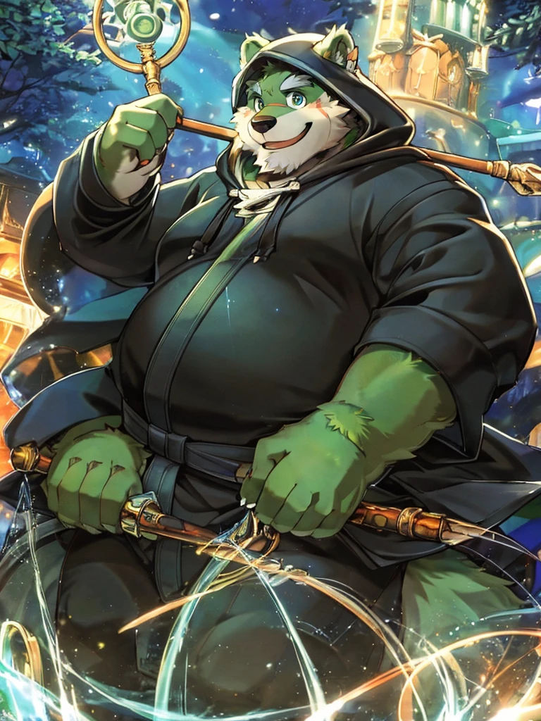 anthro, kemono, male, solo, ((round face, very plump face, thick beard)), (((dark beard))), ((endomorph body type, old-aged)), ((green bear, bear) fluffy fur, fluffy), (at old ruin, dungeons), bokeh, (high quality, highres, masterpiece), (dynamic lighting, vivid color), (generous smile), (face focus), front view (close up), cartoon, (((green bear))), (((green fur))), green hair, beard, white eyebrows, bald, detailed red eyes, tall, black metal staff, (black t-shirt inside), (((white robe coat with hood))), by zixiong, by takemoto arashi, by zixiong, (by null-ghost:0.8), (by t.y.stars:0.4), 