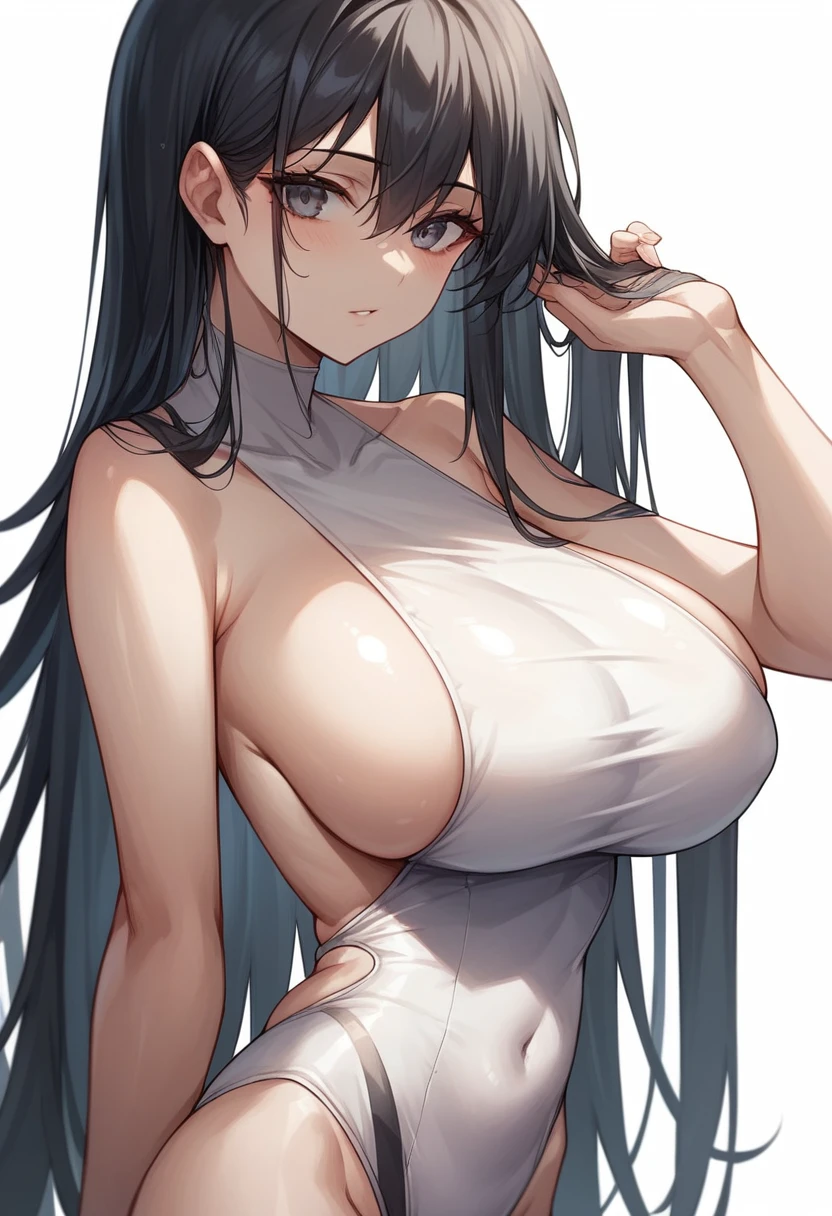 masterpiece,Highest quality,High resolution,shape,Very detailed,8k CG wallpaper,One Girl,Ray Tracing,Beautiful breasts,Long black hair, Black oversized swimsuit,White background,Waistline,Body facing left,Show your side,Sideboob,Big Breasts,