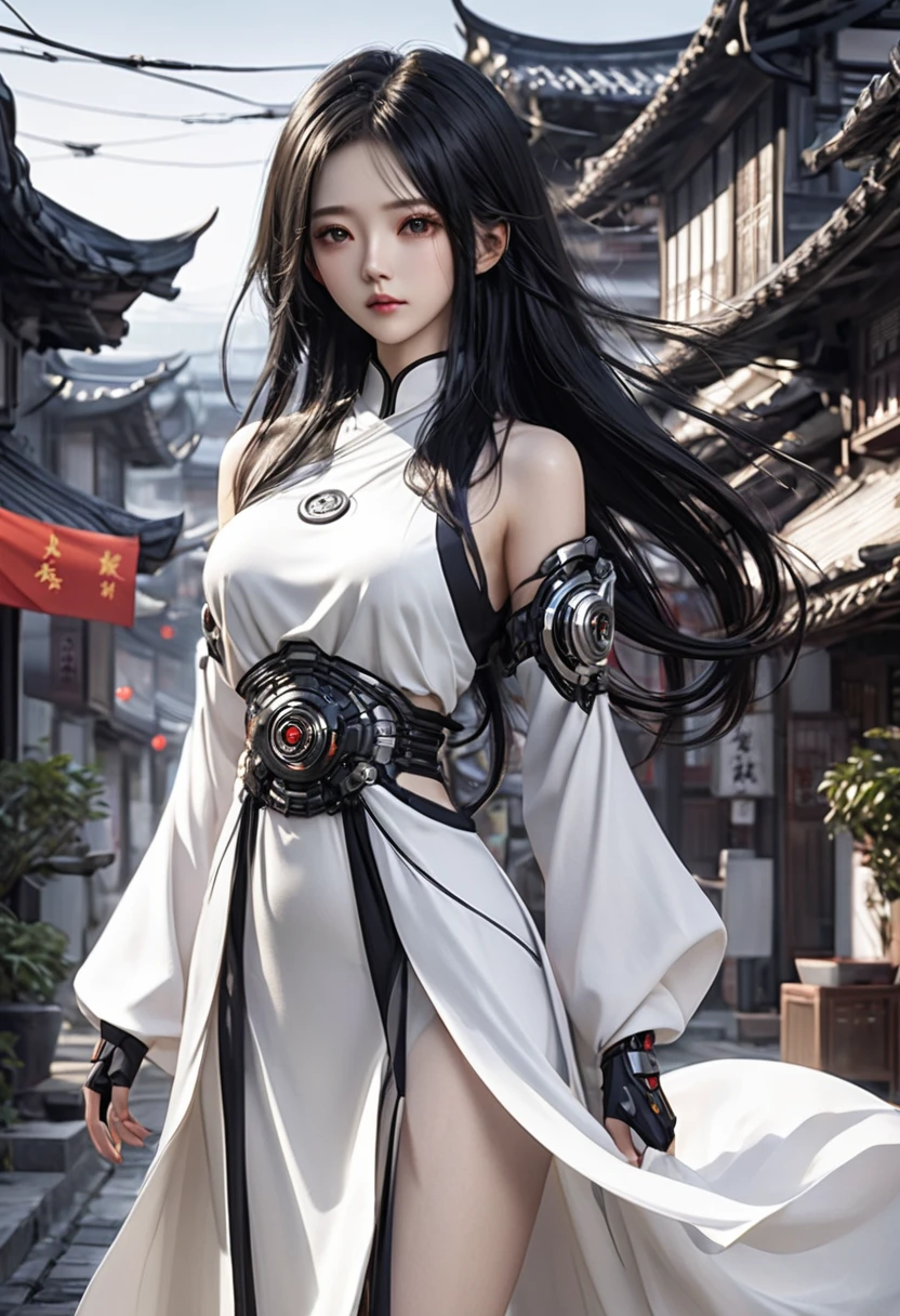 32k、Complex、Very detailed、whole body、Black semi-long hair、Wear a white Chinese dress、stand、Town、Female cyborg