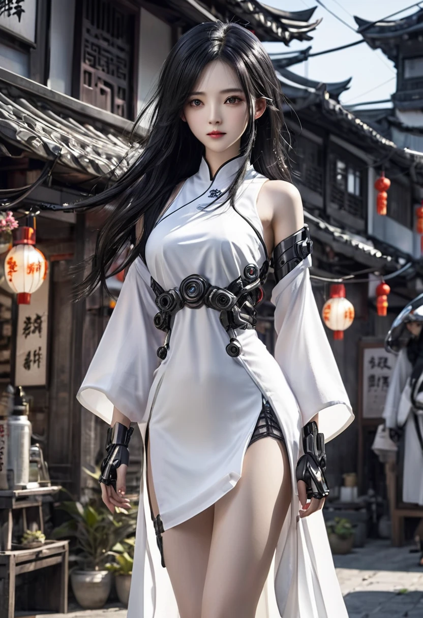 32k、Complex、Very detailed、whole body、Black semi-long hair、Wear a white Chinese dress、stand、Town、Female cyborg