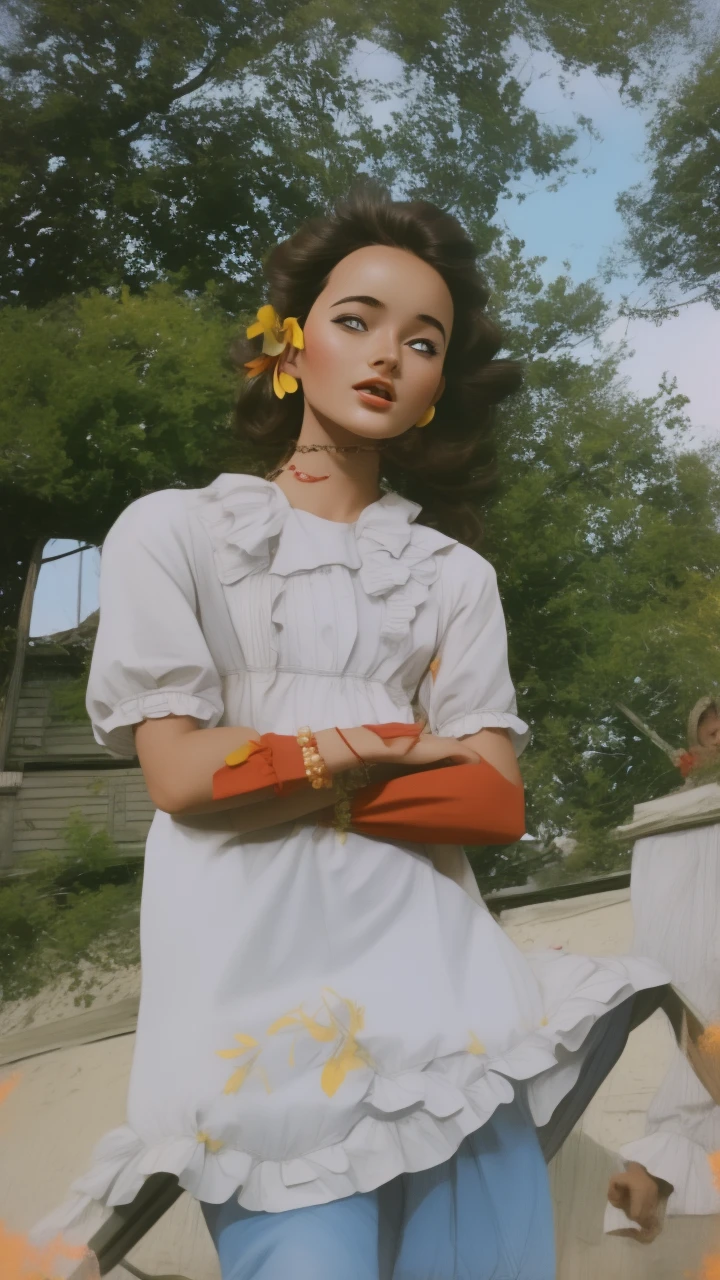 fanart; 1girl, 1boy, dress, outdoors, red sky, yellow bow,, ultra detailed