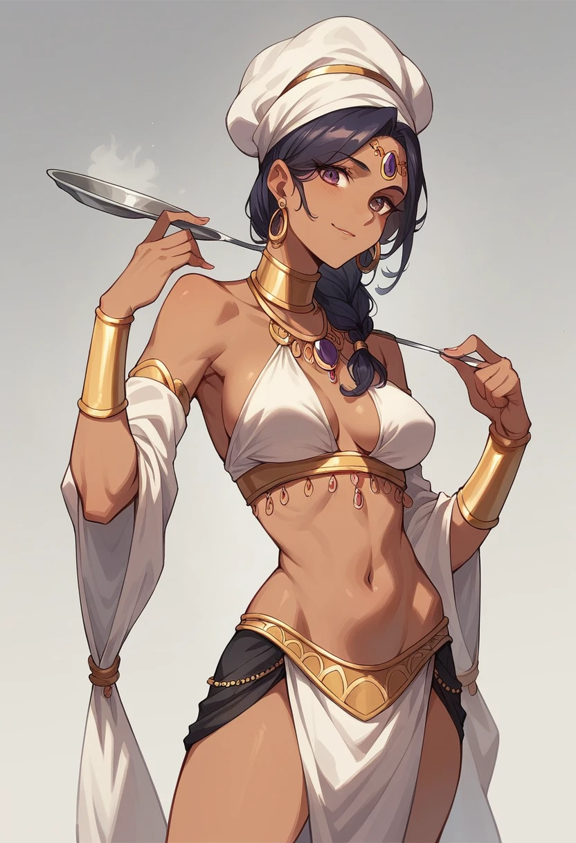 Woman in Arabic Costume,Arabian Dancer,Dressed as an emperor, Chef's attire,God of the Galaxy, Brom redshift, wuxia,long hair,Silver Hair,Modest chest,Muscular,Larger thighs,Ethnic kitchen