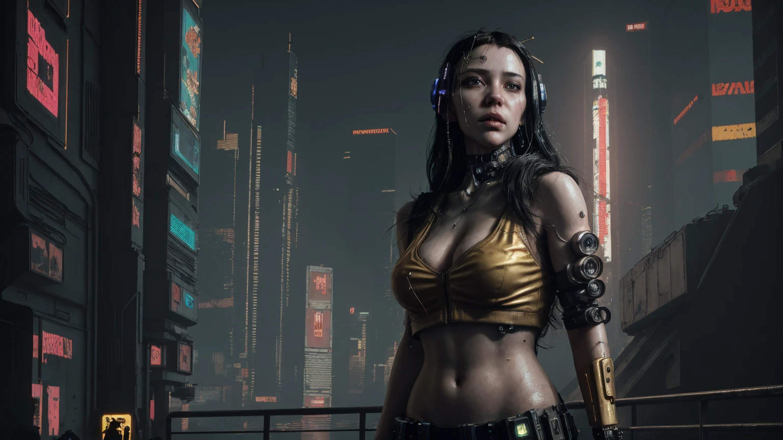(((cyberpunk style))), wallpaper of a female Astronaut on a dangerous planet, Bill Henson, standing on top of a mountain, hyper-detailed face, black hair, realistic golden eyes, sensual body, hyper-detailed , 8k resolution