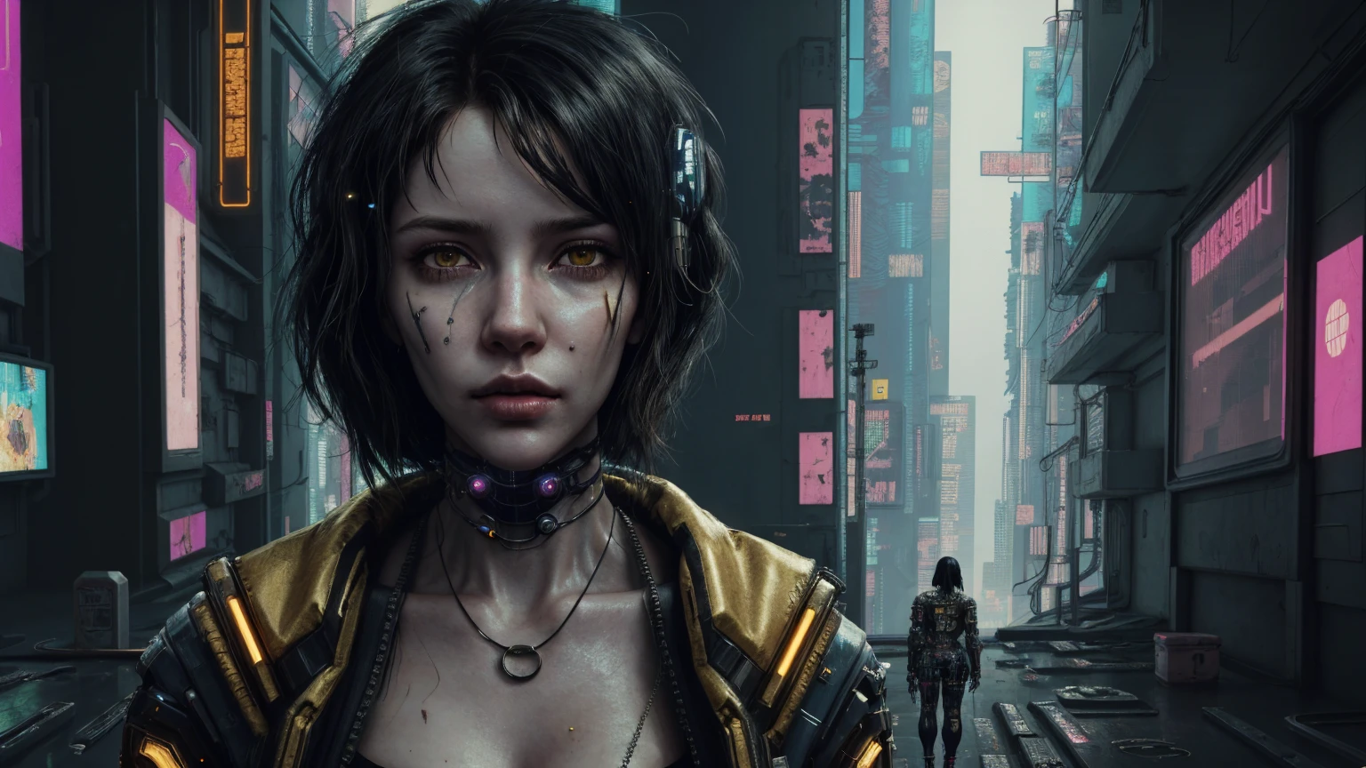 (((cyberpunk style))), wallpaper of a female Astronaut on a dangerous planet, Bill Henson, standing on top of a mountain, hyper-detailed face, black hair, realistic golden eyes, sensual body, hyper-detailed , 8k resolution