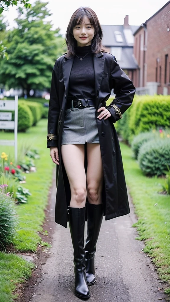 (8K、RAW Photos、Highest quality、masterpiece:1.2)、(Realistic、Realistic)、1 Girl、((Check mini skirt、Long coat、Medium Hair、black、Thin legs、whole body、boots、blackいコート、one piece、tights、garden、View from the front、smile、Looking into the camera、belt、Stand with hands on hips))、cute