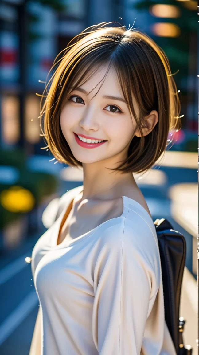 8K、best image quality、smile、masterpiece、spring、short hair、fine eyes、small breasts、A refreshing smile、Female college student、Dimples、Camisole showing both shoulders、Clear system、attending university、Ruck sack、