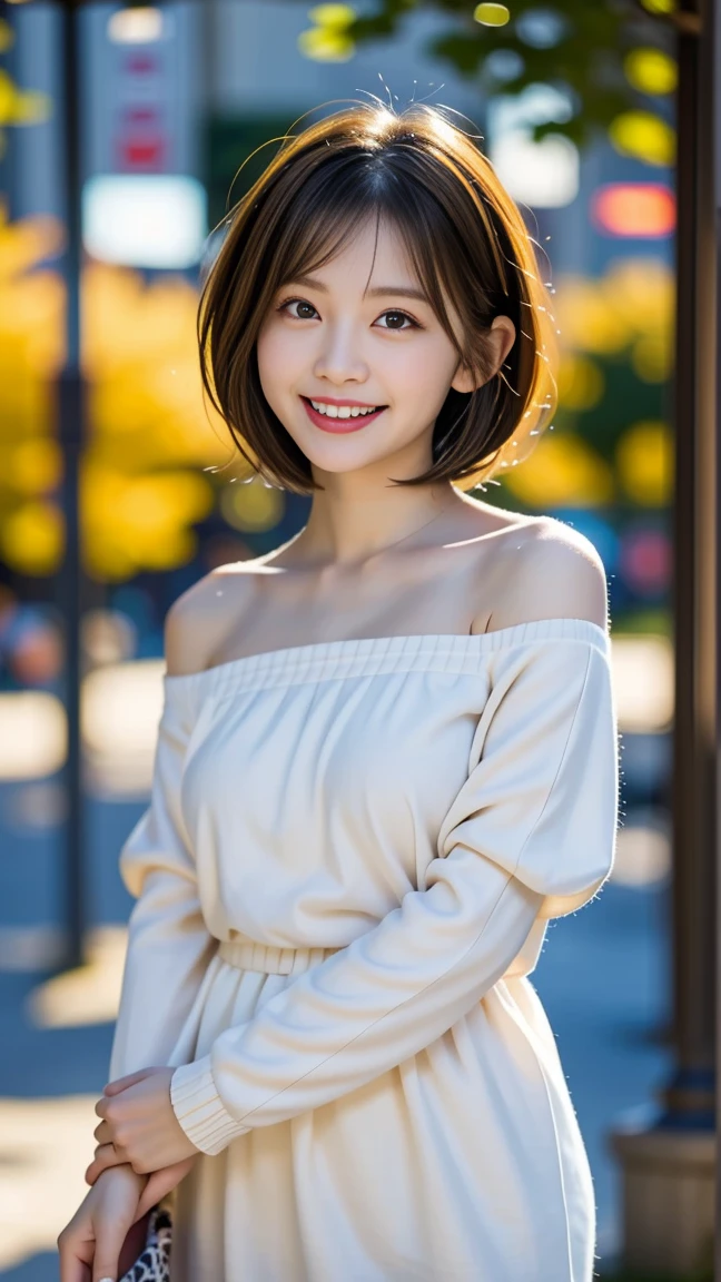 8K、best image quality、smile、masterpiece、spring、short hair、fine eyes、small breasts、A refreshing smile、Female college student、Dimples、Camisole showing both shoulders、Clear system、attending university、Ruck sack、