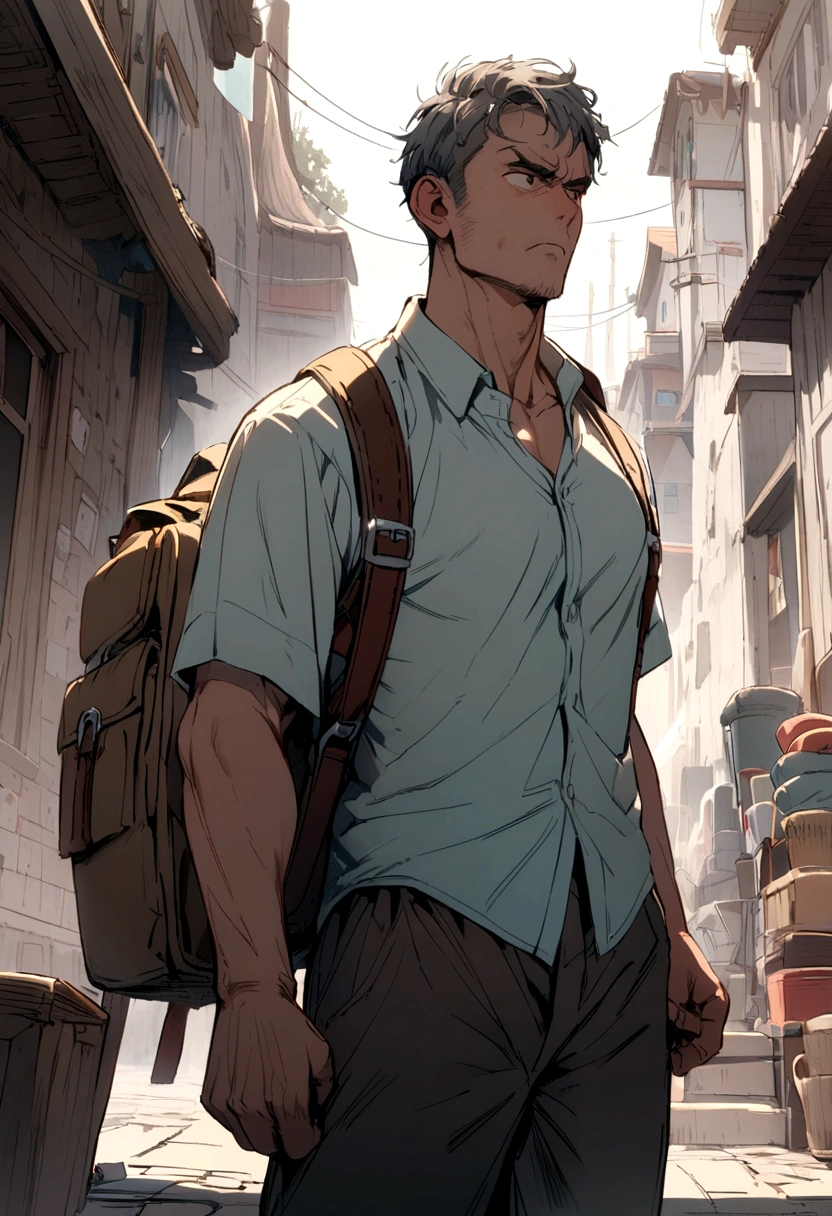 A man carrying a backpack and tired