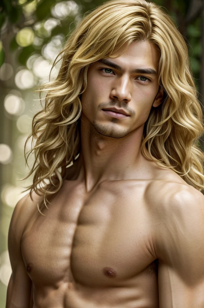 A male character of French-Japanese descent with a height of 5'8". He has a pale ivory skin tone and lime green eyes that stand out strikingly against his complexion. His shoulder-length, golden blonde hair falls in soft waves, framing his face. 