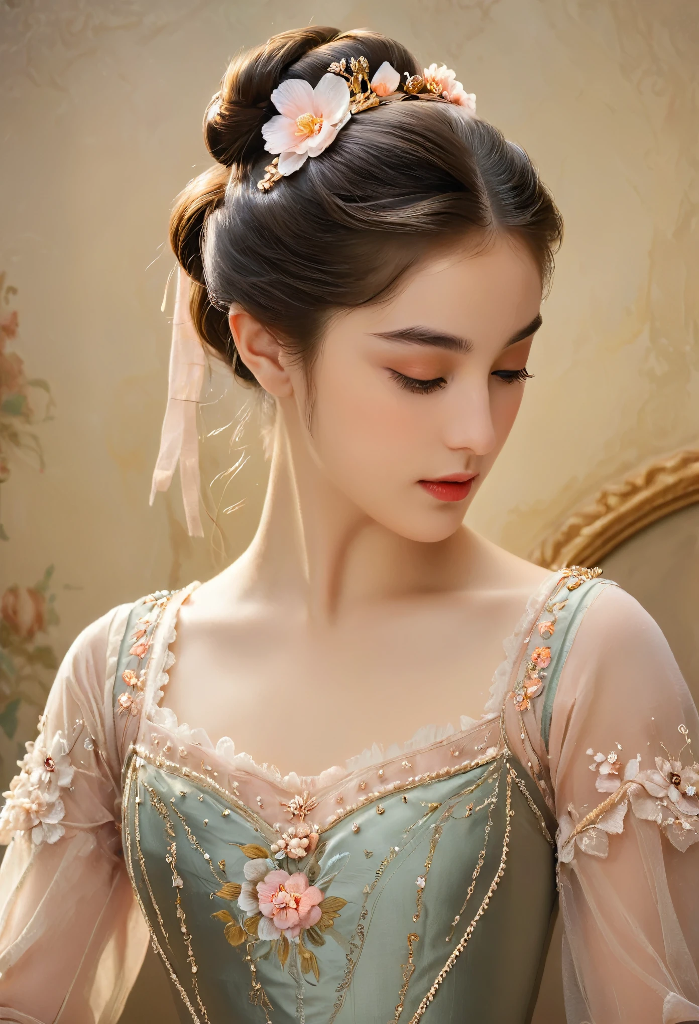 (highres,masterpiece:1.2),(realistic:1.37)"(best quality, highres, ultra-detailed, realistic),beautiful 19th-century portrait of a French ballet dancer, (She is half French and half Japanese, and is a stunning beauty with detailed eyes and a high nose:1.1), thick eyebrows, (elaborate ballet costume:1.4), detailed facial features, long graceful neck, flowing locks of hair, poised and elegant posture, soft and delicate lighting, classic oil painting medium, vibrant colors, subtle background with floral motifs", dreamy atmosphere, Surrealism,mystical aura, Charlie Bowater, 19th-century France, seductive, (best quality,4k,8k,highres,masterpiece:1.2), ultra-detailed, (realistic,photorealistic,photo-realistic:1.37),(Numerous award-winning masterpieces, incredibly detailed and textured, maximal resolution and clarity), (Hyper-realistic:1.4), winking