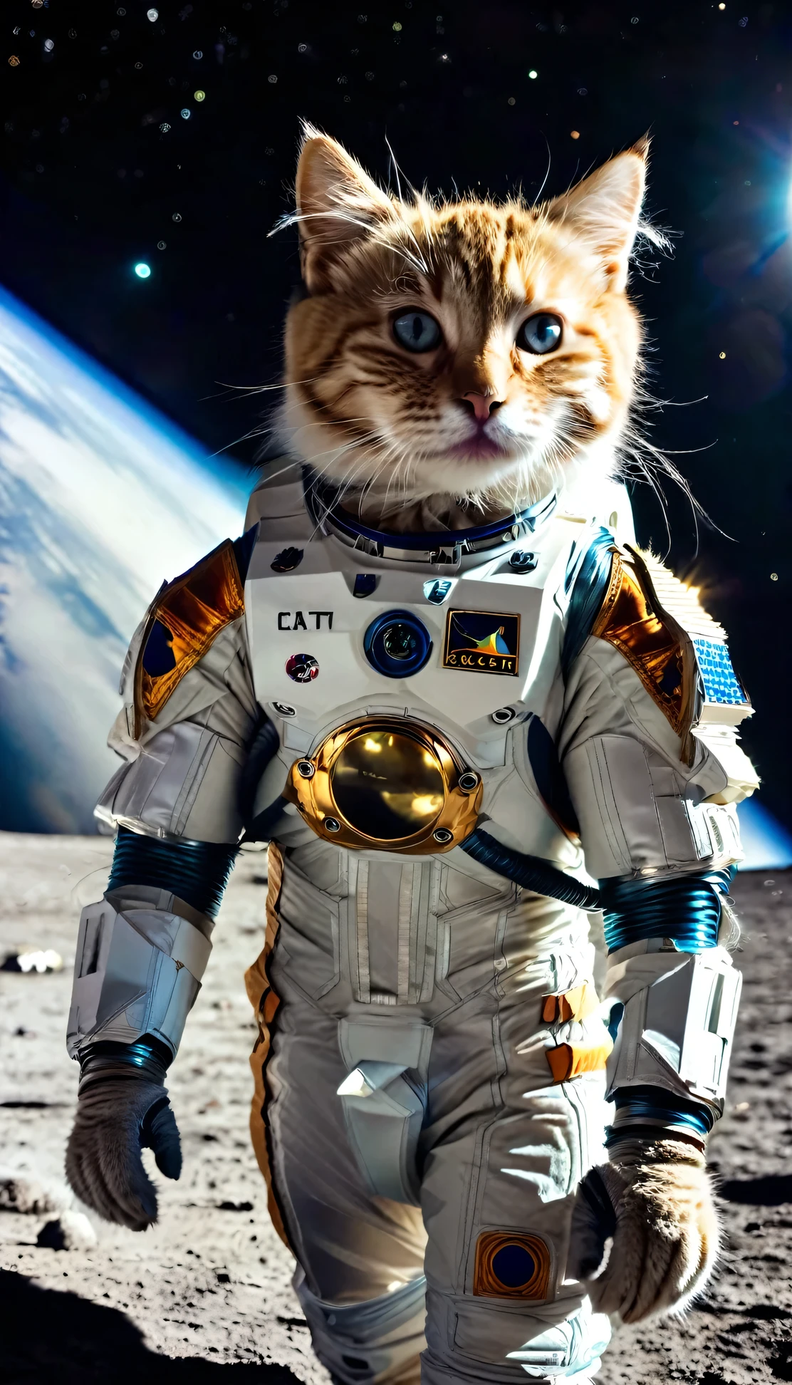 A cat in a spacesuit landed on the moon。Earth in the background。